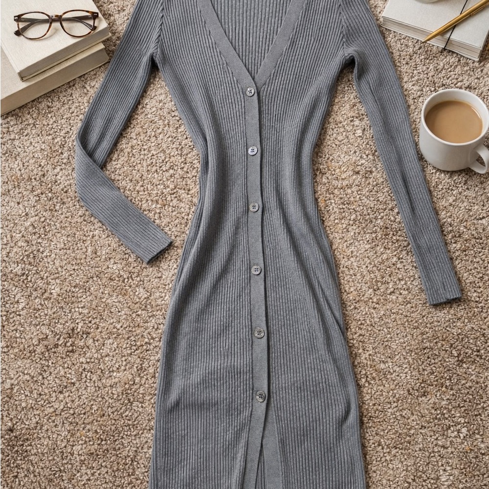Fashion Nova Gray Ribbed Fitted Knit Midi Dress